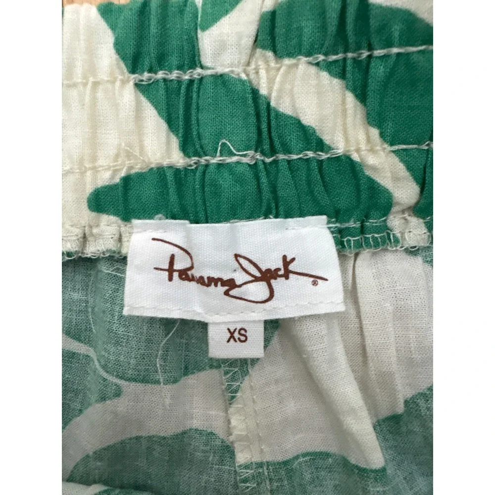 Green & White Abstract Wide Leg Elastic Waistband Lightweight Linen - Size XS